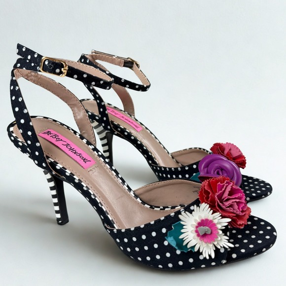 Betsey Johnson Polka Dot Floral Heels Size 7 Strappy Sandals Fun Playful Pinup - Picture 2 of 7